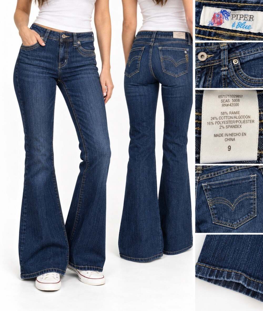 Y2K Indie Sleaze Piper & Blue Flare Jeans Sz 9 Dark Wash Indigo Low Rise Stretch